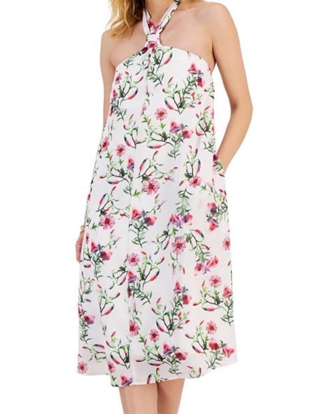 XL - INC International Concepts White Halter Midi Dress with Pink Floral Print